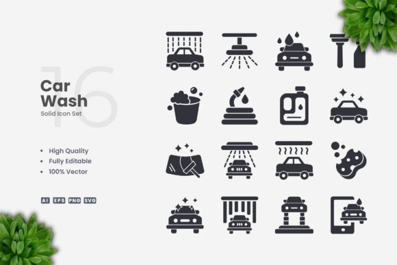 Car Wash Solid Icons for Modern Graphics and Icons