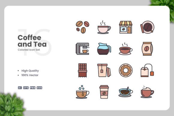Coffee and Tea Color Icons for Graphics & Icons