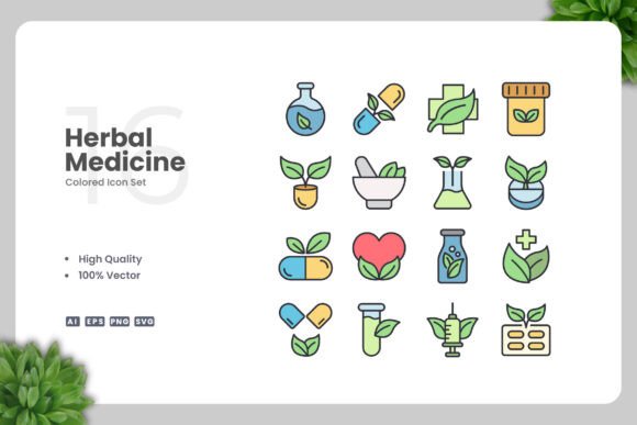Herbal Medicine Colored Icons for Local Business Branding