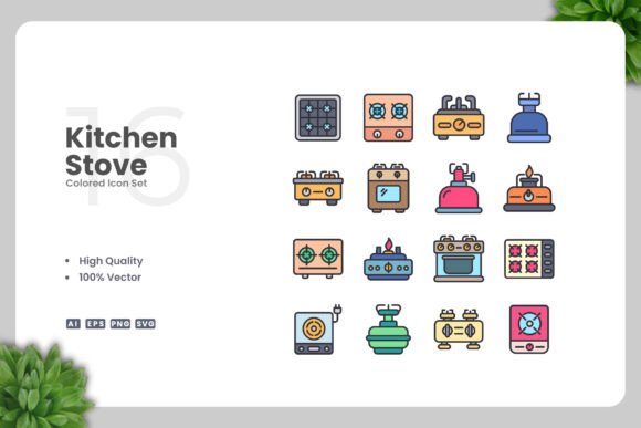 Kitchen Stove Colored Icons for Modern Web Design